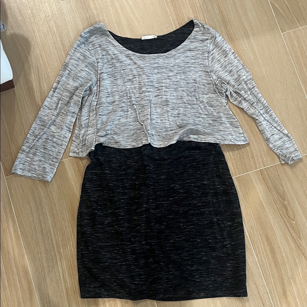 Elegant Long Sleeve Gray and Black Dress